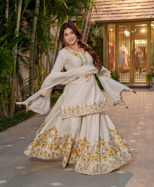 Pure Heavy Natural Crepe Silk Top with Latkan Dori, Sharara Plazzo, and Embroidered Dupatta