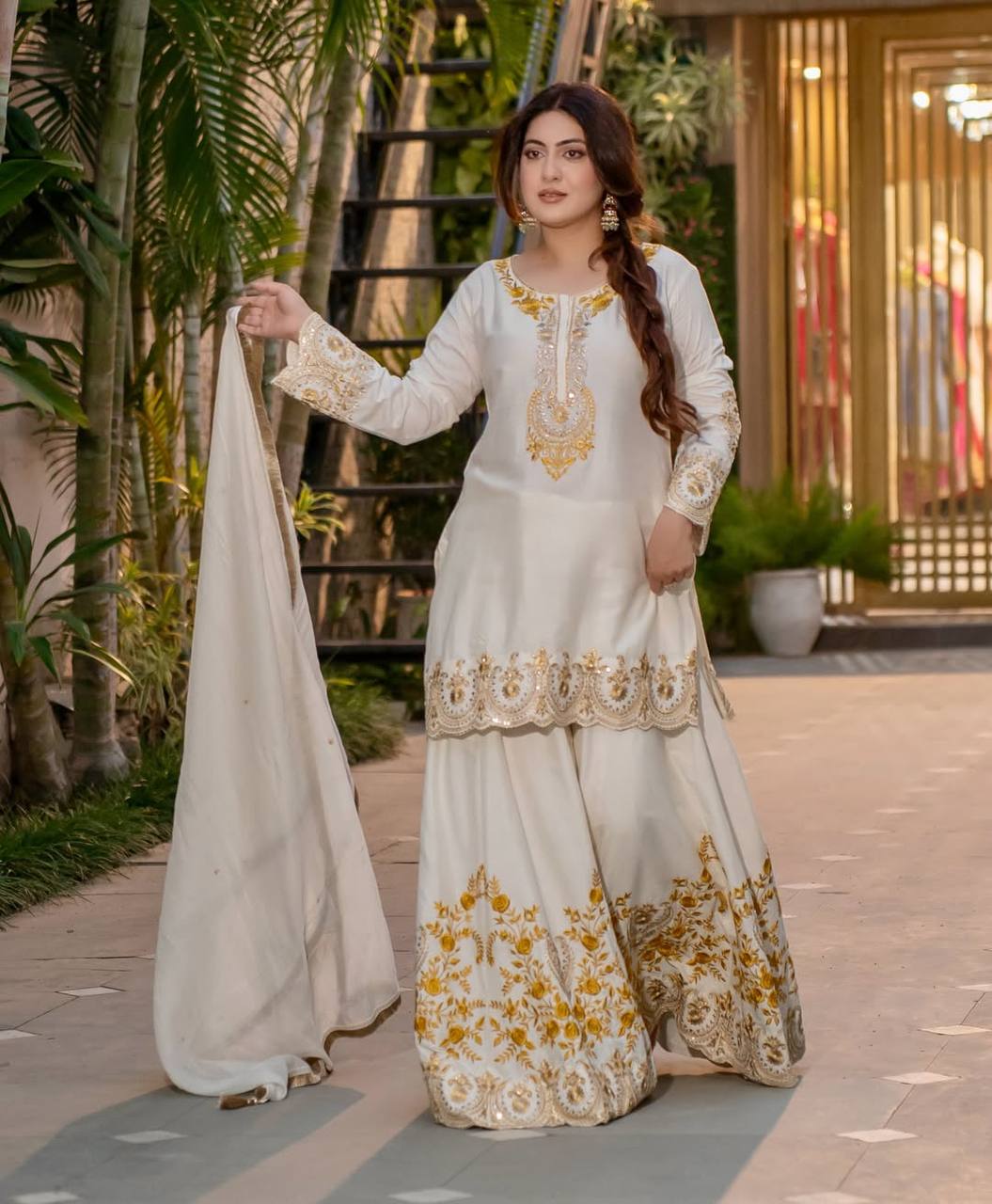 Pure Heavy Natural Crepe Silk Top with Latkan Dori, Sharara Plazzo, and Embroidered Dupatta