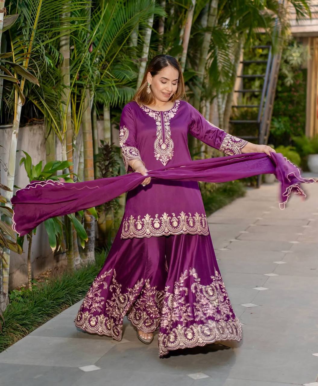 Pure Heavy Natural Crepe Silk Top with Latkan Dori, Sharara Plazzo, and Embroidered Dupatta