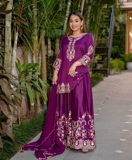 Pure Heavy Natural Crepe Silk Top with Latkan Dori, Sharara Plazzo, and Embroidered Dupatta