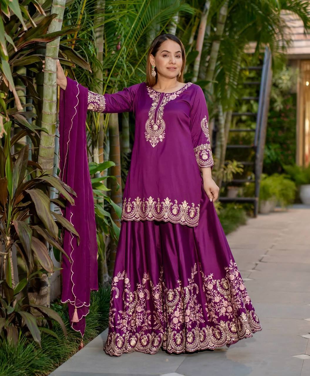 Pure Heavy Natural Crepe Silk Top with Latkan Dori, Sharara Plazzo, and Embroidered Dupatta