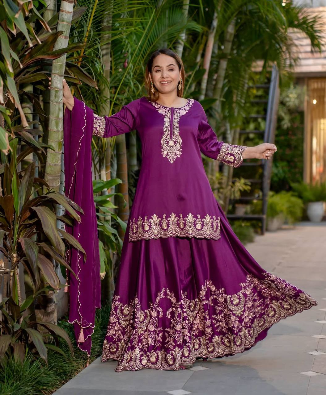 Pure Heavy Natural Crepe Silk Top with Latkan Dori, Sharara Plazzo, and Embroidered Dupatta