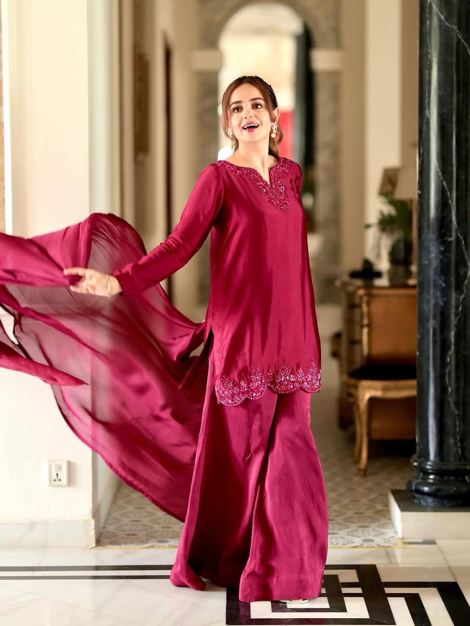 Party Wear Designer Top in Heavy French Crepe with Embroidery and Matching Sharara