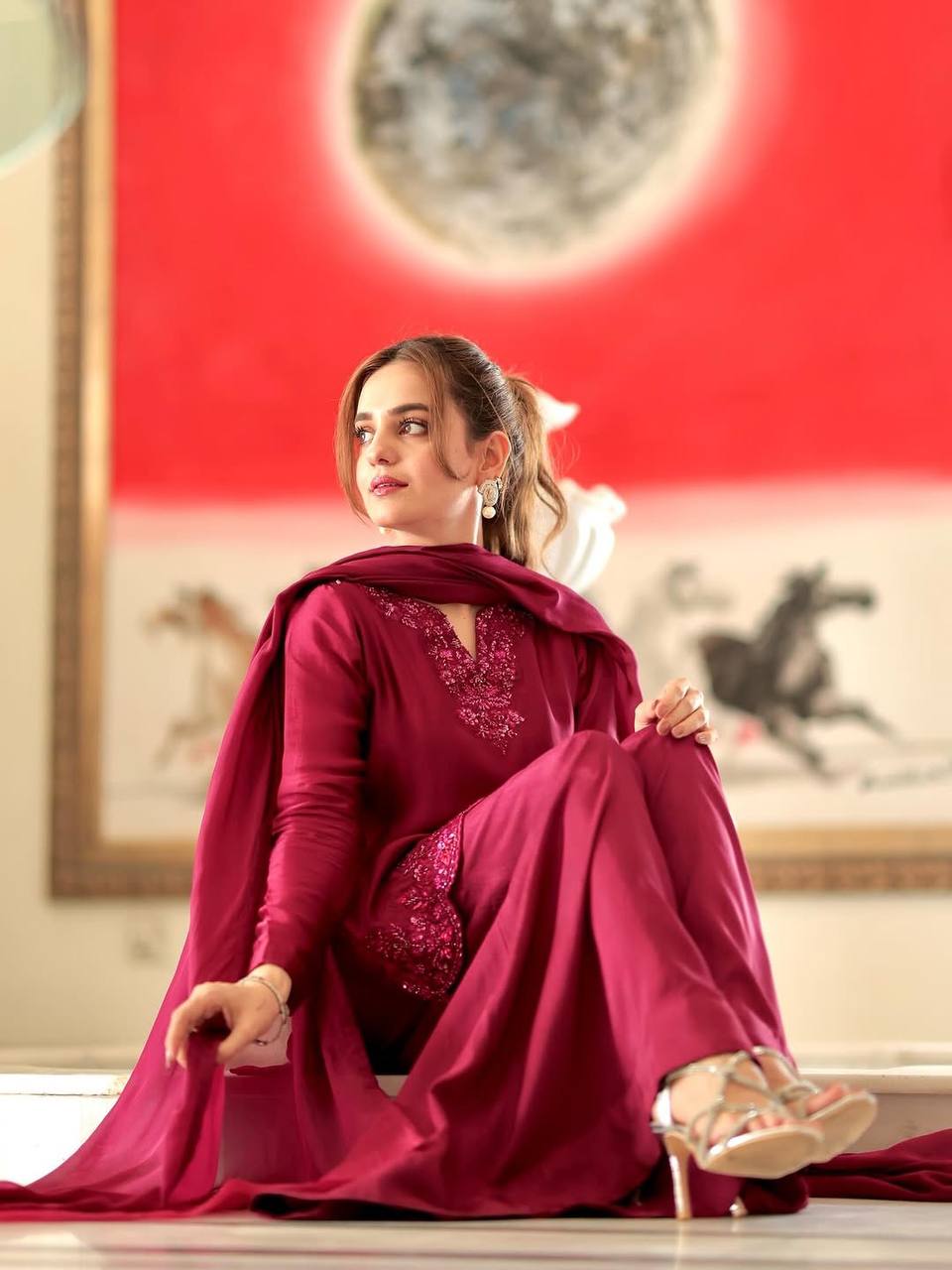 Party Wear Designer Top in Heavy French Crepe with Embroidery and Matching Sharara