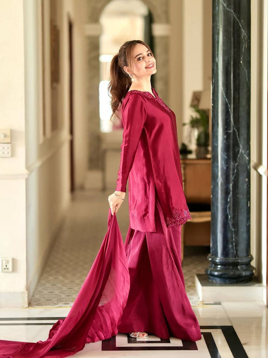 Party Wear Designer Top in Heavy French Crepe with Embroidery and Matching Sharara