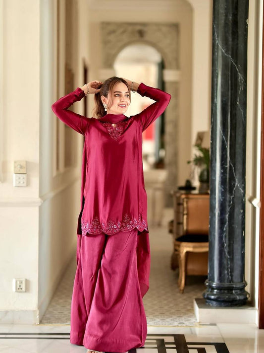 Party Wear Designer Top in Heavy French Crepe with Embroidery and Matching Sharara