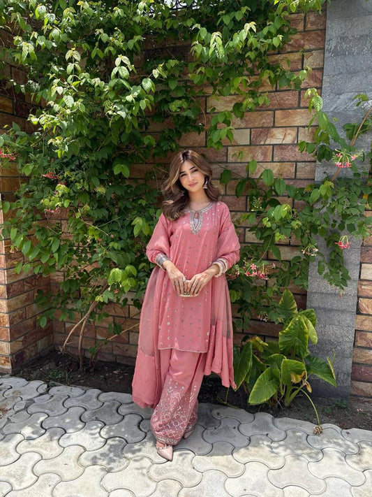 Party Wear Heavy Chinnon Silk Top and Farshi Salwar with Multi-Needle and Zari Work