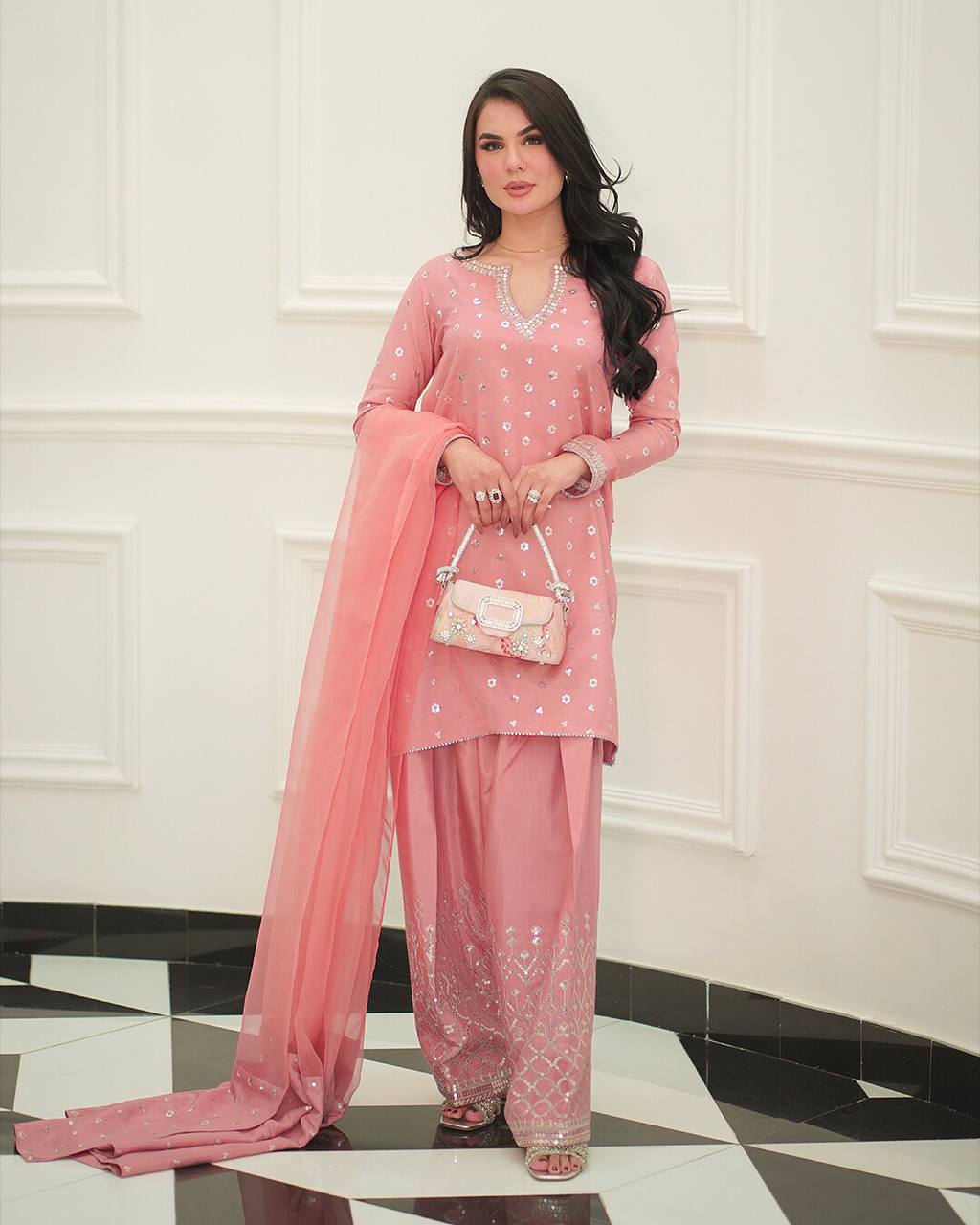 Party Wear Heavy Chinnon Silk Top and Farshi Salwar with Multi-Needle and Zari Work