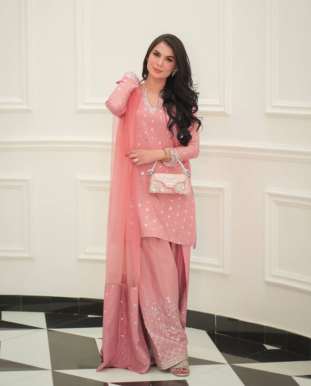 Party Wear Heavy Chinnon Silk Top and Farshi Salwar with Multi-Needle and Zari Work