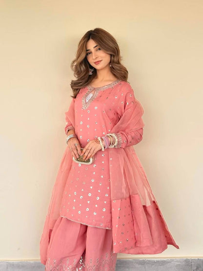 Party Wear Heavy Chinnon Silk Top and Farshi Salwar with Multi-Needle and Zari Work