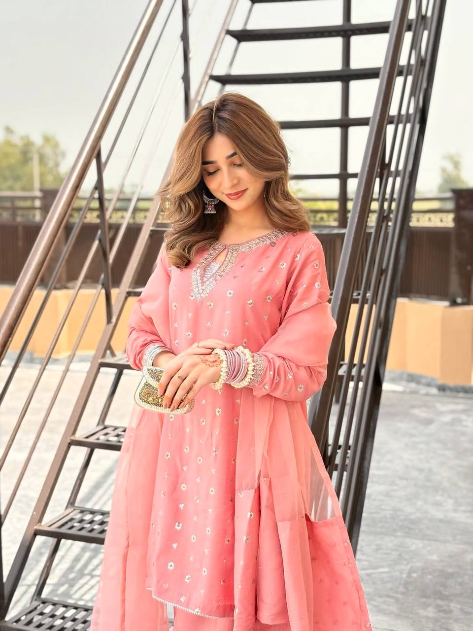 Party Wear Heavy Chinnon Silk Top and Farshi Salwar with Multi-Needle and Zari Work