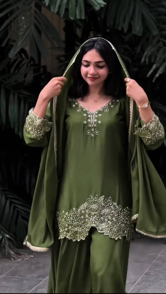 Elegant Designer Top in Heavy Chinon Silk with Embroidery and Matching Plazzo