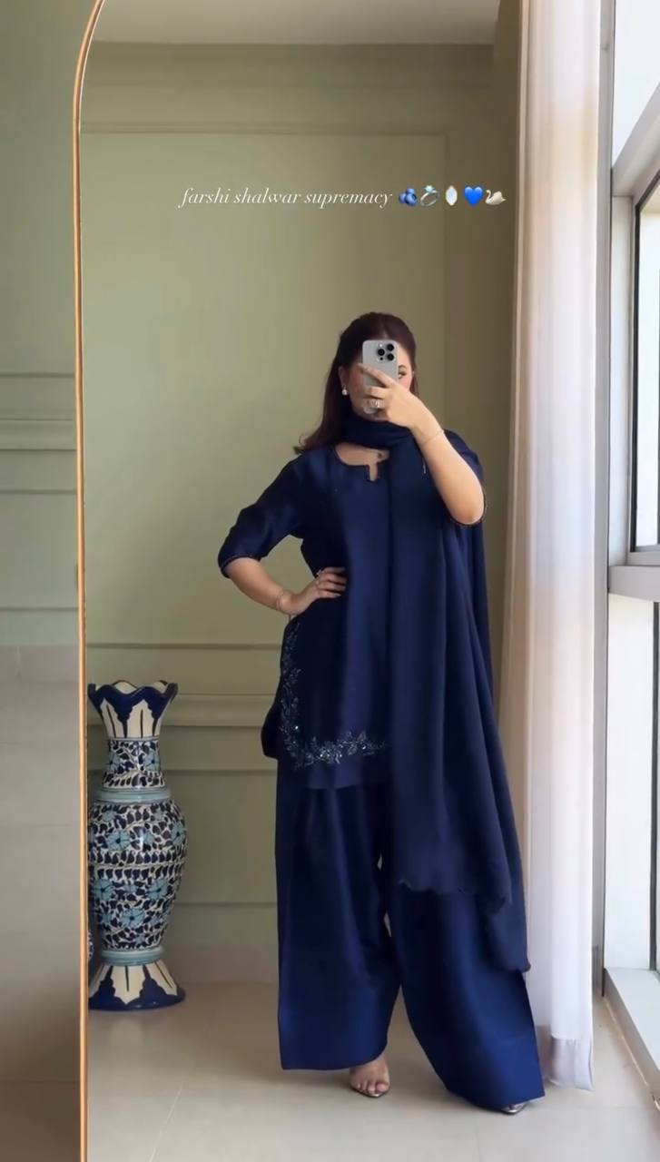 Party Wear Heavy Crepe Silk Top with Farshi Salwar and Multi-Needle Embroidered Organza Dupatta