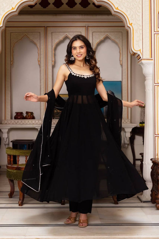 Handcrafted Gown and Pant Set with Micro Inner and Lace-Bordered Dupatta in Faux Georgette