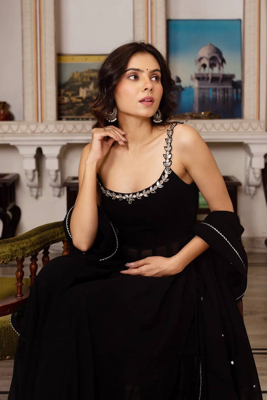 Handcrafted Gown and Pant Set with Micro Inner and Lace-Bordered Dupatta in Faux Georgette