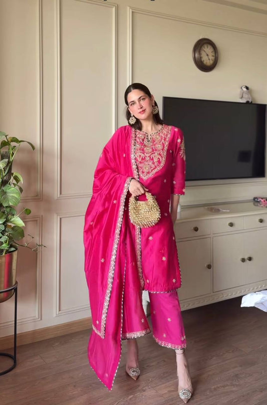 Embroidered Malay Satin Silk Top, Pant & Dupatta Set with Ready-Made Lace Detailing