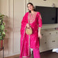 Embroidered Malay Satin Silk Top, Pant & Dupatta Set with Ready-Made Lace Detailing