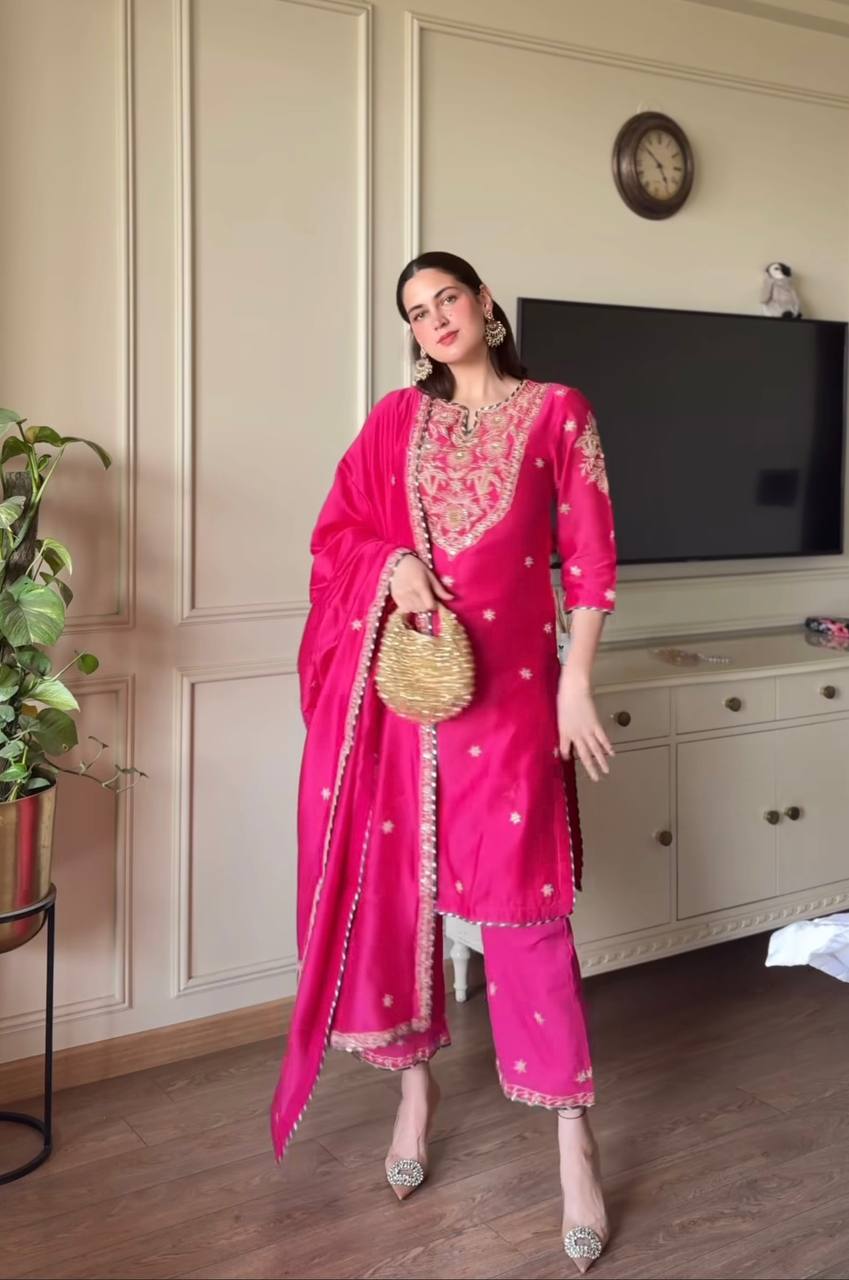 Embroidered Malay Satin Silk Top, Pant & Dupatta Set with Ready-Made Lace Detailing