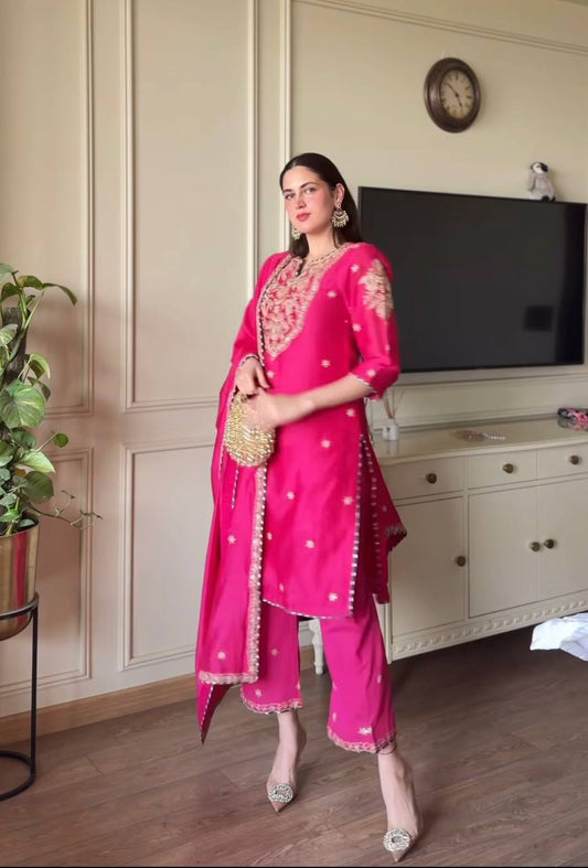 Embroidered Malay Satin Silk Top, Pant & Dupatta Set with Ready-Made Lace Detailing