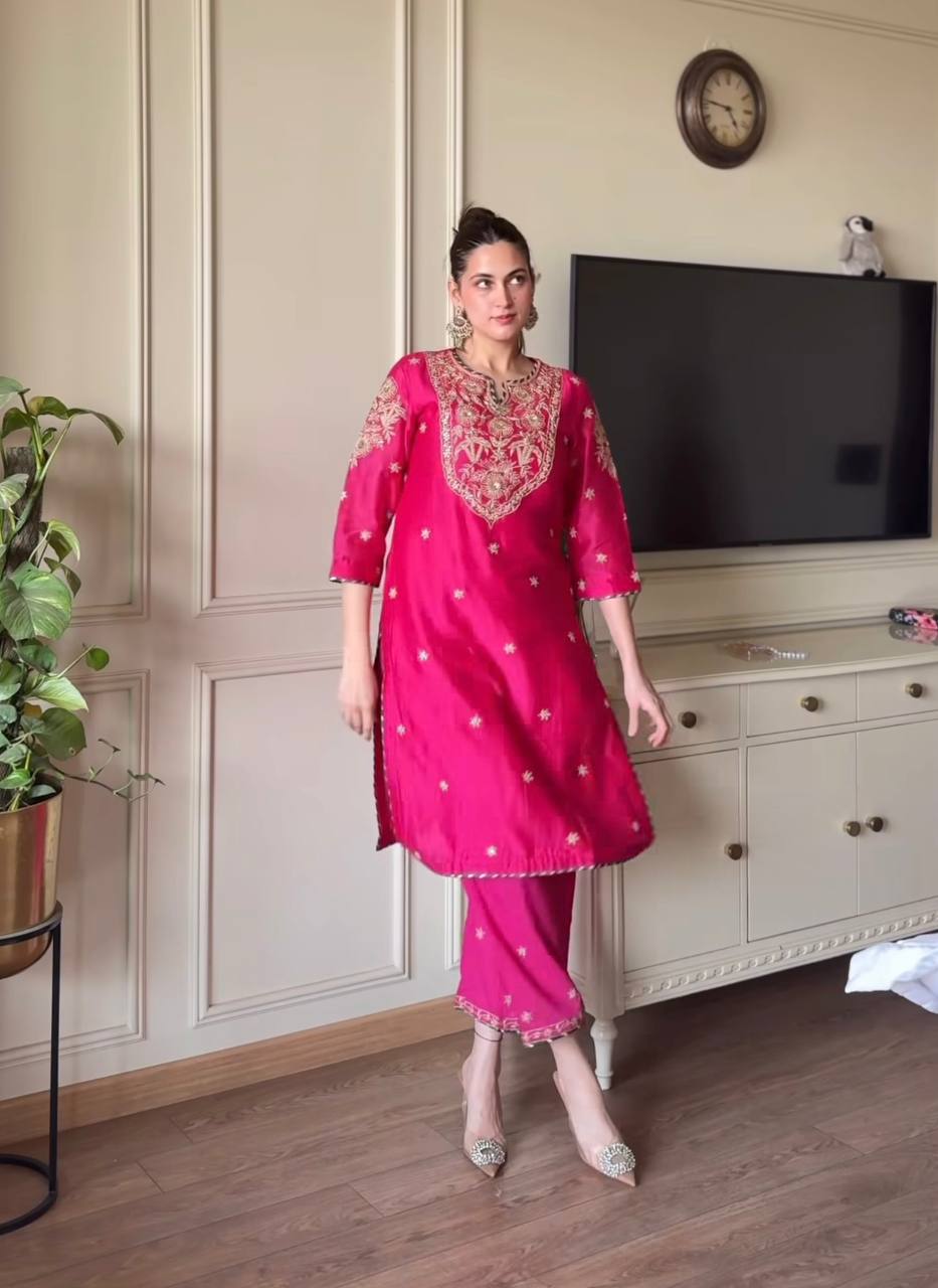 Embroidered Malay Satin Silk Top, Pant & Dupatta Set with Ready-Made Lace Detailing