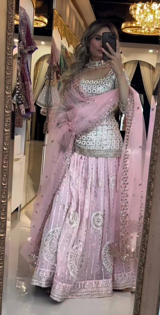 Faux Georgette Lehenga Set with 9mm Sequence, Zari, and Multi-Needle Embroidery Work