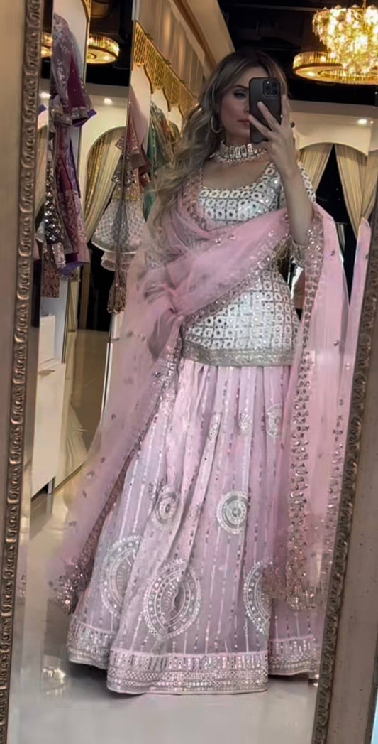 Faux Georgette Lehenga Set with 9mm Sequence, Zari, and Multi-Needle Embroidery Work