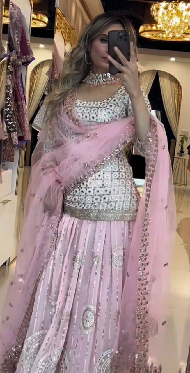 Faux Georgette Lehenga Set with 9mm Sequence, Zari, and Multi-Needle Embroidery Work