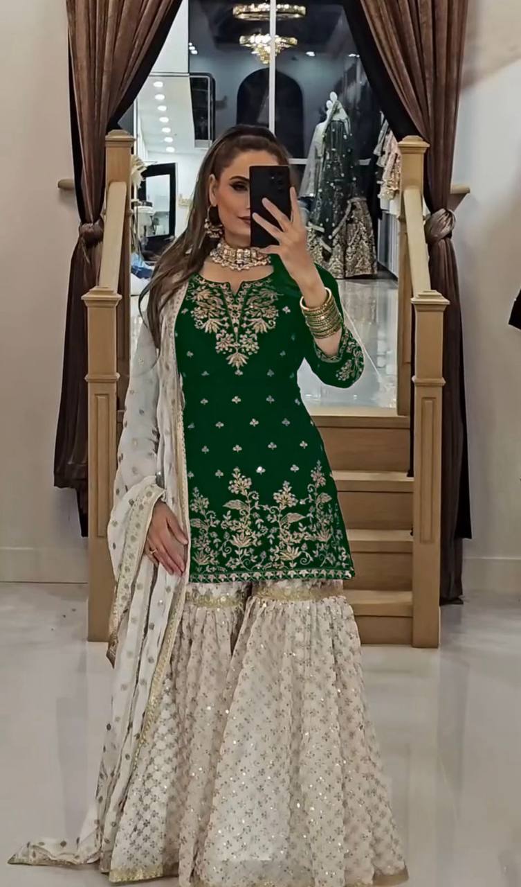 Elegant Party Wear Top in Heavy Faux Georgette with Micro Cotton Inner and Matching Plazzo