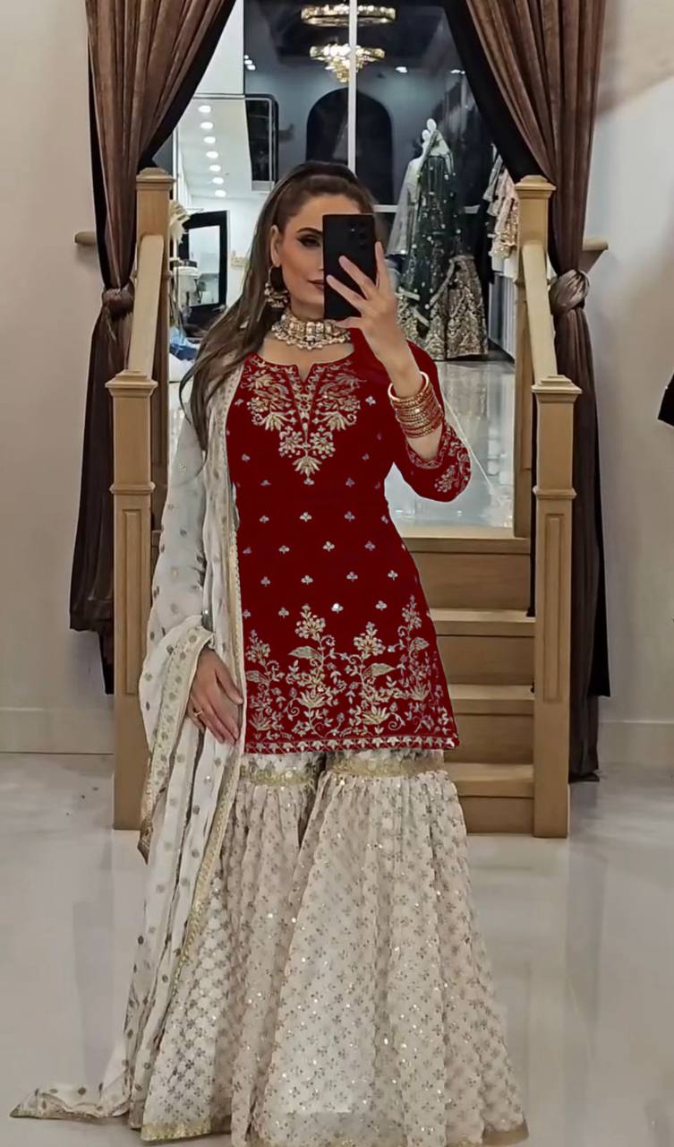 Elegant Party Wear Top in Heavy Faux Georgette with Micro Cotton Inner and Matching Plazzo