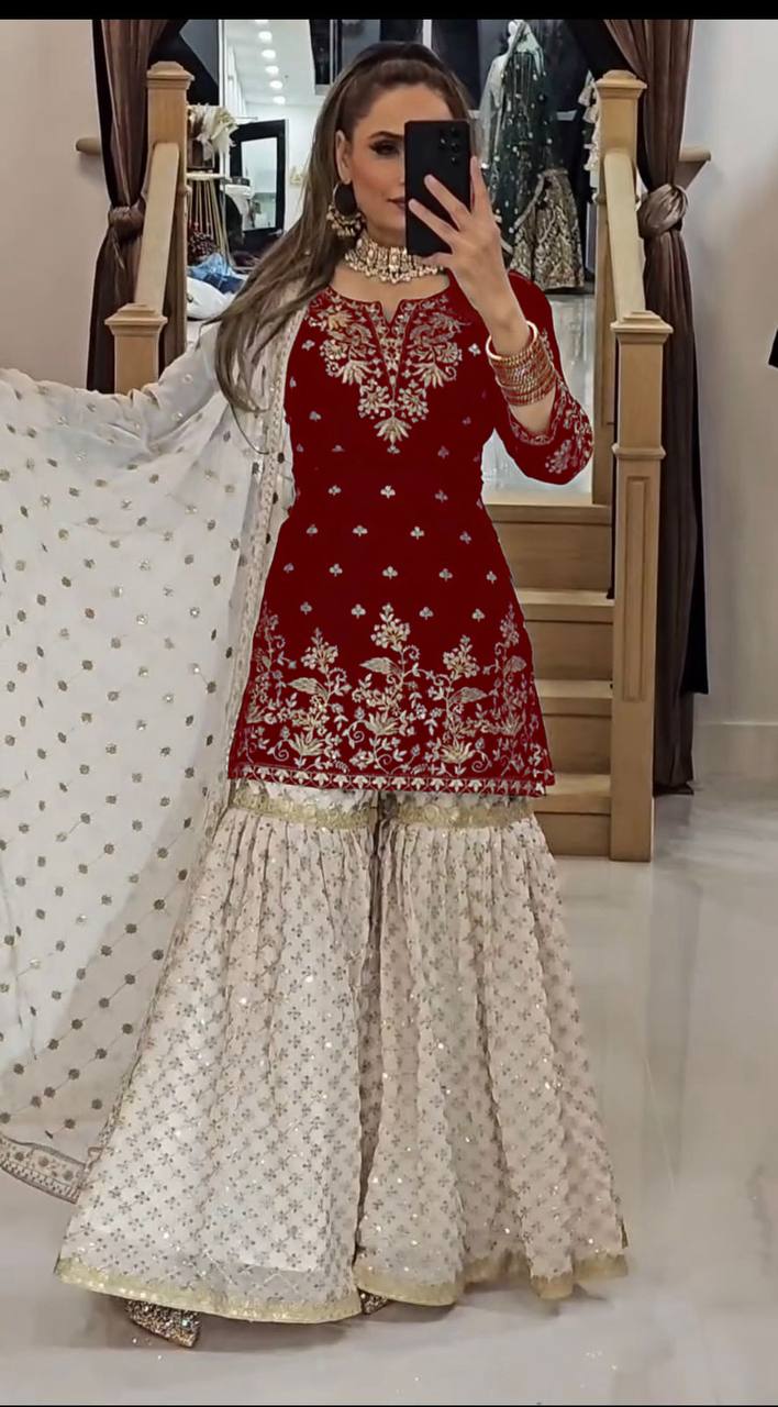 Elegant Party Wear Top in Heavy Faux Georgette with Micro Cotton Inner and Matching Plazzo