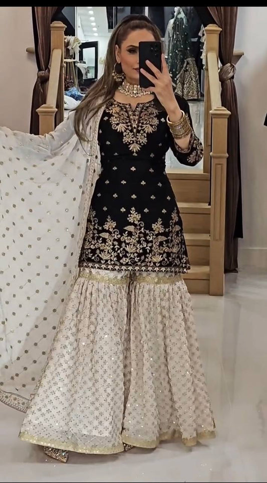 Elegant Party Wear Top in Heavy Faux Georgette with Micro Cotton Inner and Matching Plazzo