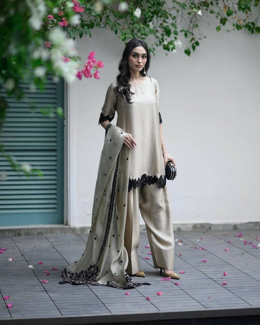 New Designer Party Wear Farsi Top and Salwar Set with Fancy Dupatta and Heavy Embroidery