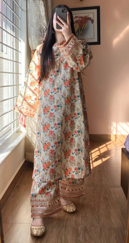 Stylish Embroidered Roman Silk Co-ords Set with Sequence Detailing and Elastic Plazzo - Jaipur Blossom