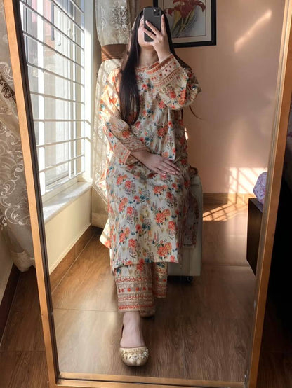 Stylish Embroidered Roman Silk Co-ords Set with Sequence Detailing and Elastic Plazzo - Jaipur Blossom