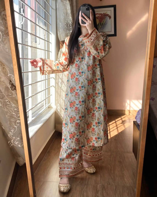 Stylish Embroidered Roman Silk Co-ords Set with Sequence Detailing and Elastic Plazzo - Jaipur Blossom