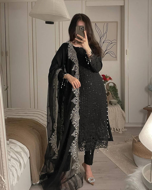 Party Wear Kurti and Pant Ensemble with Fancy Dupatta Featuring Heavy Embroidery and Lace
