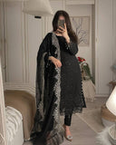 Party Wear Kurti and Pant Ensemble with Fancy Dupatta Featuring Heavy Embroidery and Lace