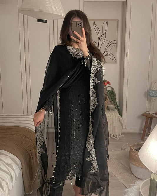 Party Wear Kurti and Pant Ensemble with Fancy Dupatta Featuring Heavy Embroidery and Lace