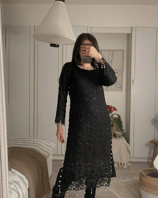 Party Wear Kurti and Pant Ensemble with Fancy Dupatta Featuring Heavy Embroidery and Lace