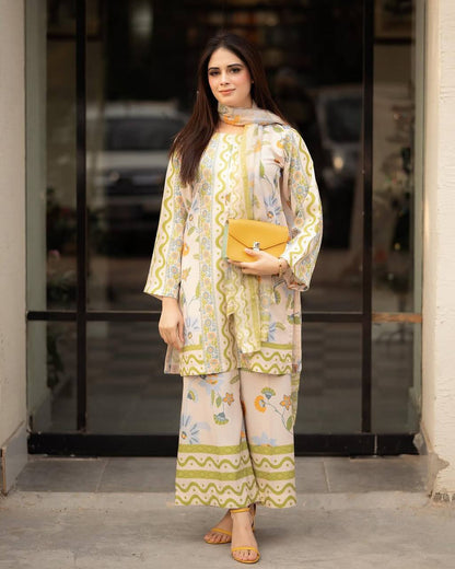 Party Wear Natural Crepe Co-ords with Sleeves and Printed Siffon Georgette Dupatta - Jaipur Blossom