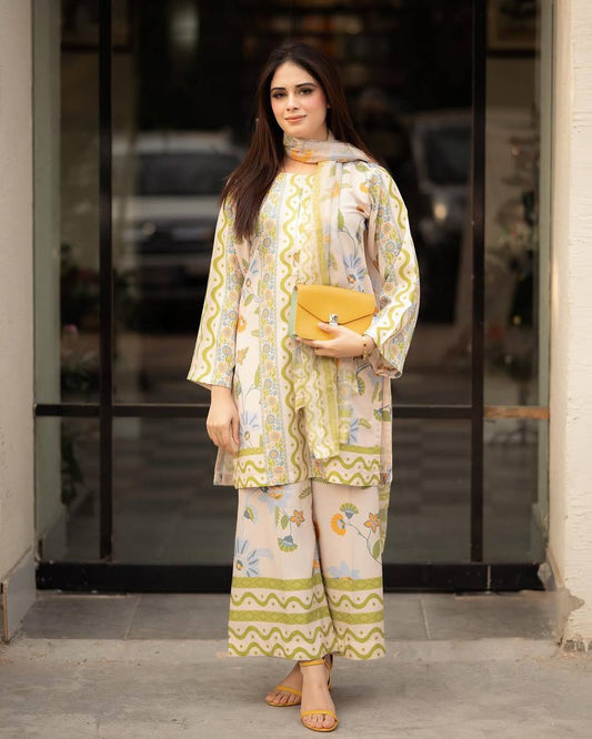 Party Wear Natural Crepe Co-ords with Sleeves and Printed Siffon Georgette Dupatta - Jaipur Blossom