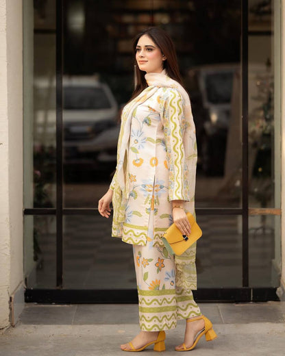 Party Wear Natural Crepe Co-ords with Sleeves and Printed Siffon Georgette Dupatta - Jaipur Blossom