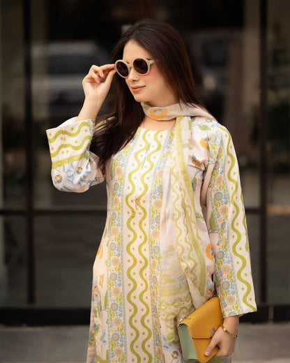 Party Wear Natural Crepe Co-ords with Sleeves and Printed Siffon Georgette Dupatta - Jaipur Blossom