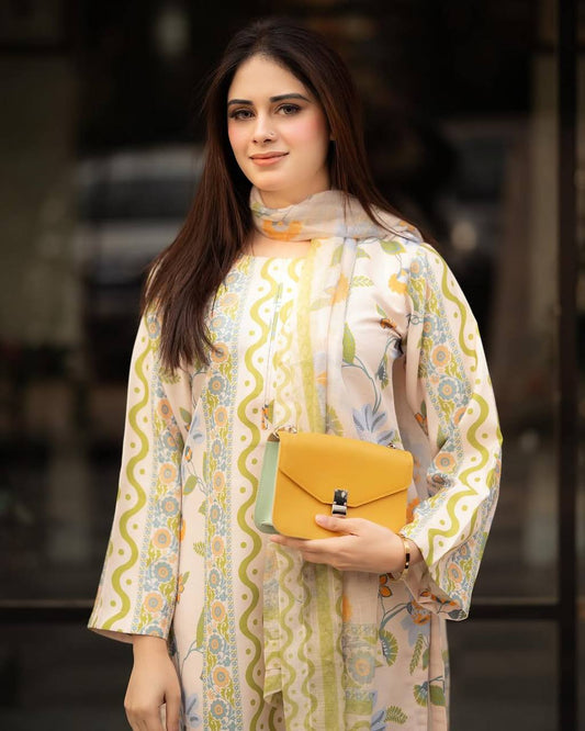 Party Wear Natural Crepe Co-ords with Sleeves and Printed Siffon Georgette Dupatta - Jaipur Blossom
