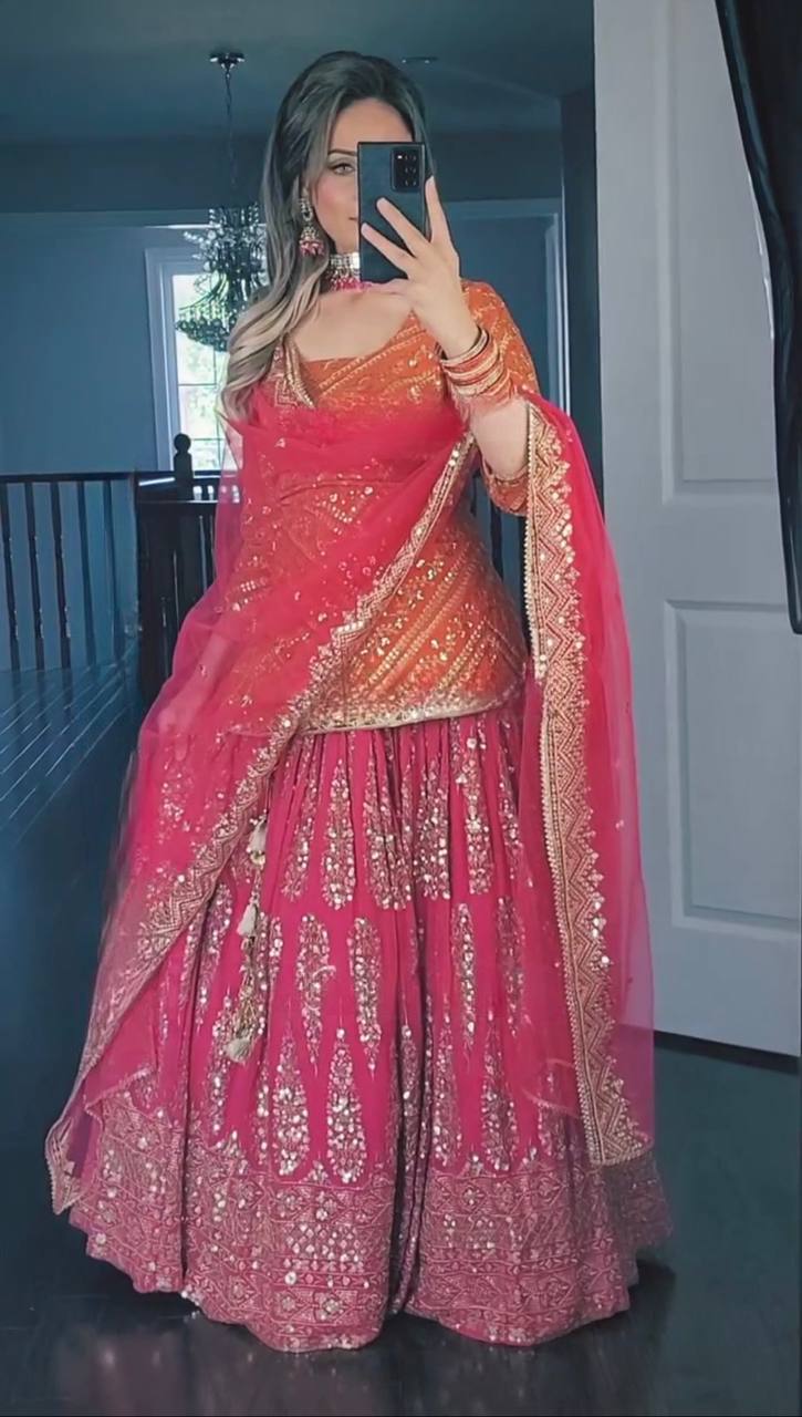 Faux Georgette Lehenga Set with 5mm Sequence, Zari, and Multi-Needle Embroidery Work