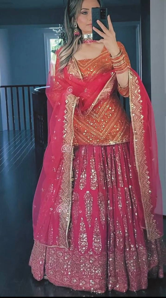 Faux Georgette Lehenga Set with 5mm Sequence, Zari, and Multi-Needle Embroidery Work