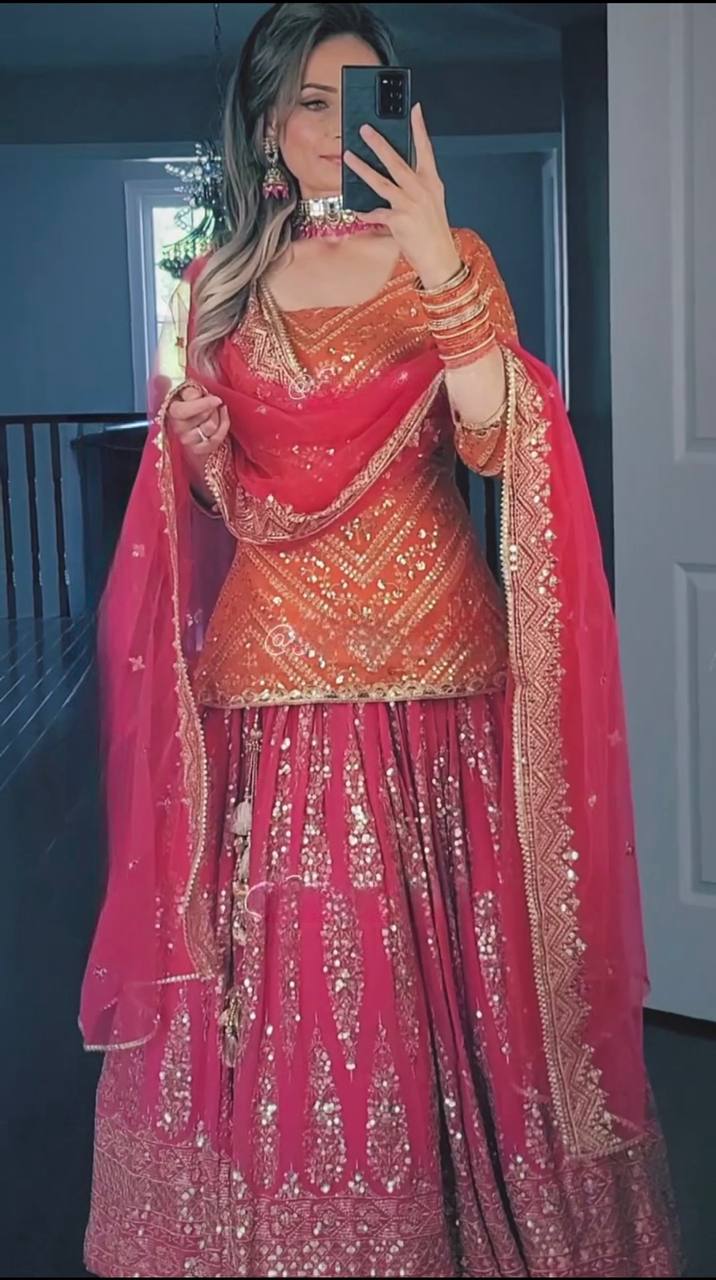Faux Georgette Lehenga Set with 5mm Sequence, Zari, and Multi-Needle Embroidery Work
