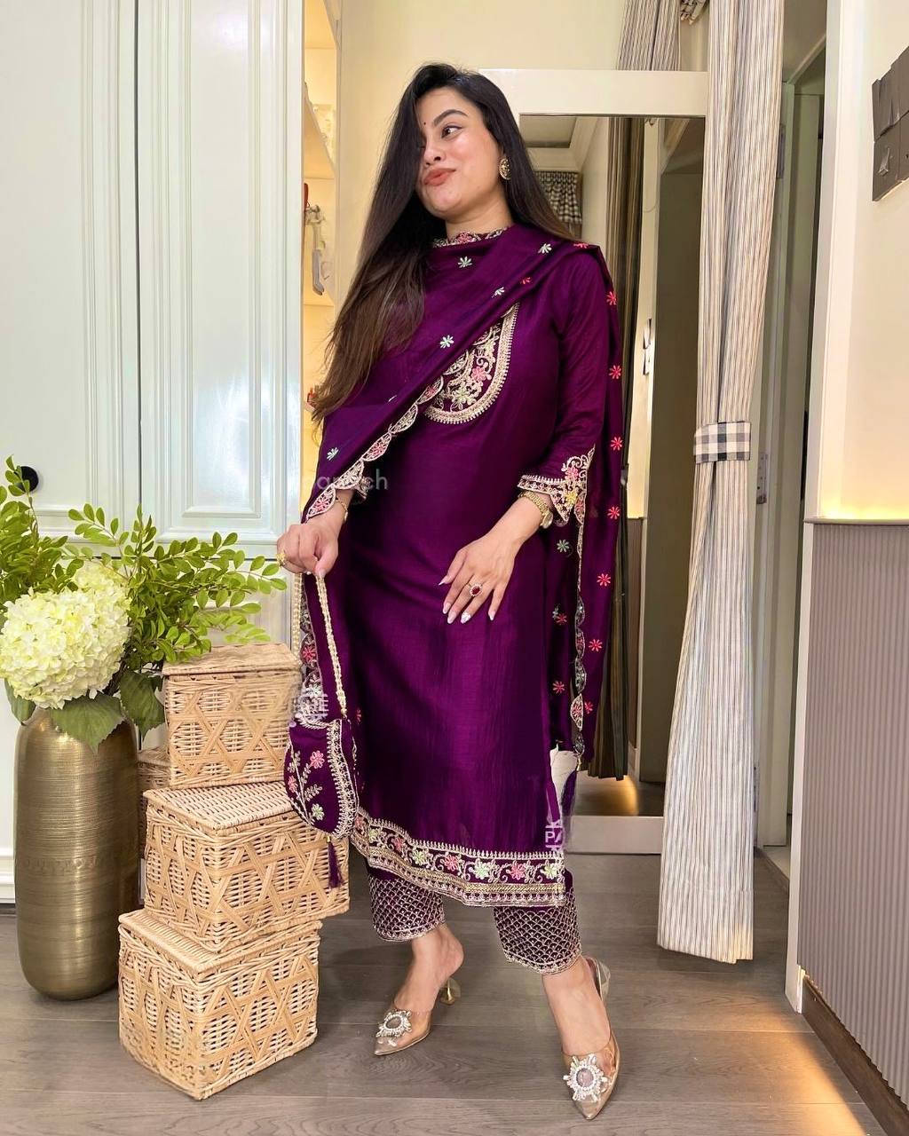 Embroidered Pure Chinon Silk Long Top, Pant & Dupatta Set with Sequence Work