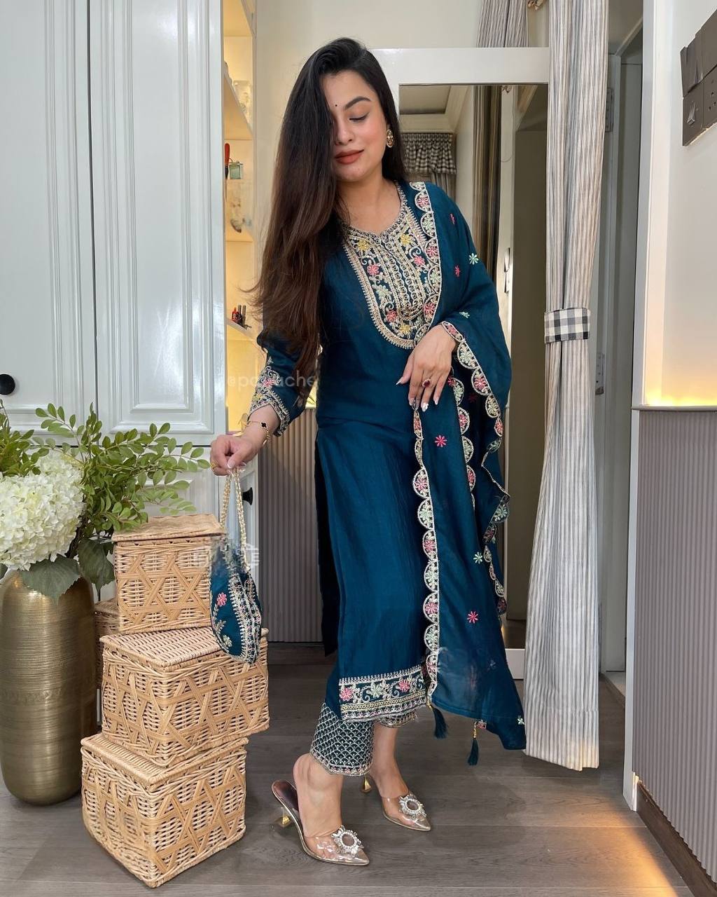 Embroidered Pure Chinon Silk Long Top, Pant & Dupatta Set with Sequence Work