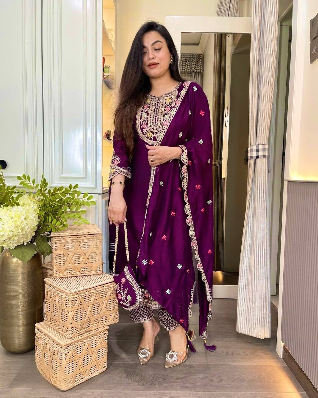 Embroidered Pure Chinon Silk Long Top, Pant & Dupatta Set with Sequence Work